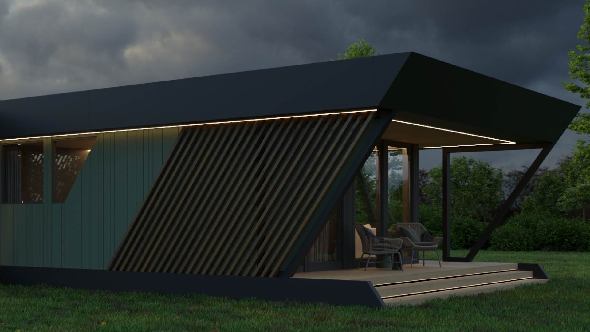 dark, moody image of a homers modular home